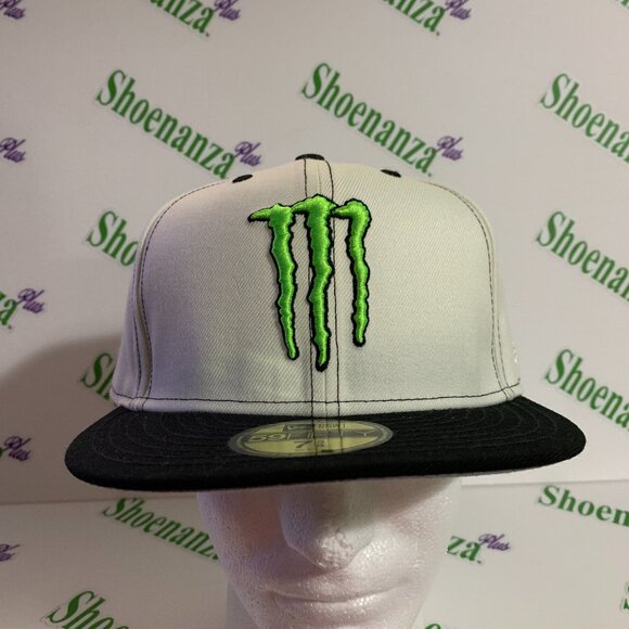 Monster Energy New Era 59Fifty Hat Flat Brim Fitted Cap Off White Black 7 5/8 - Picture 1 of 7